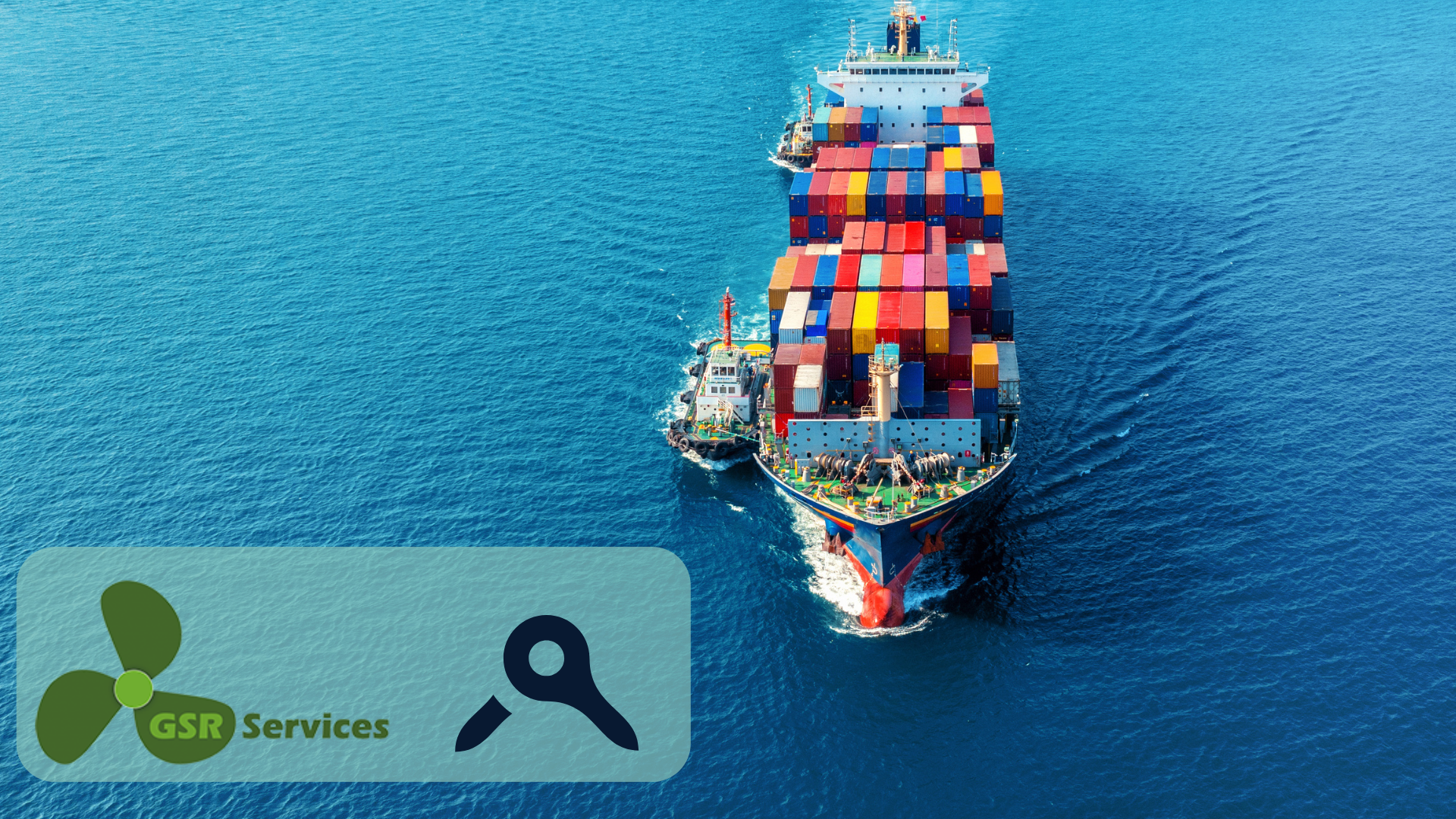 Aerial view of a container ship loaded with colorful containers sailing in bright blue waters, with GSR Services and NautilusLog logos overlaid in a translucent blue banner