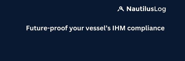 Banner with text 'Future-proof your vessel's IHM compliance' and a 'Request Free Demo' button against a dark navy background