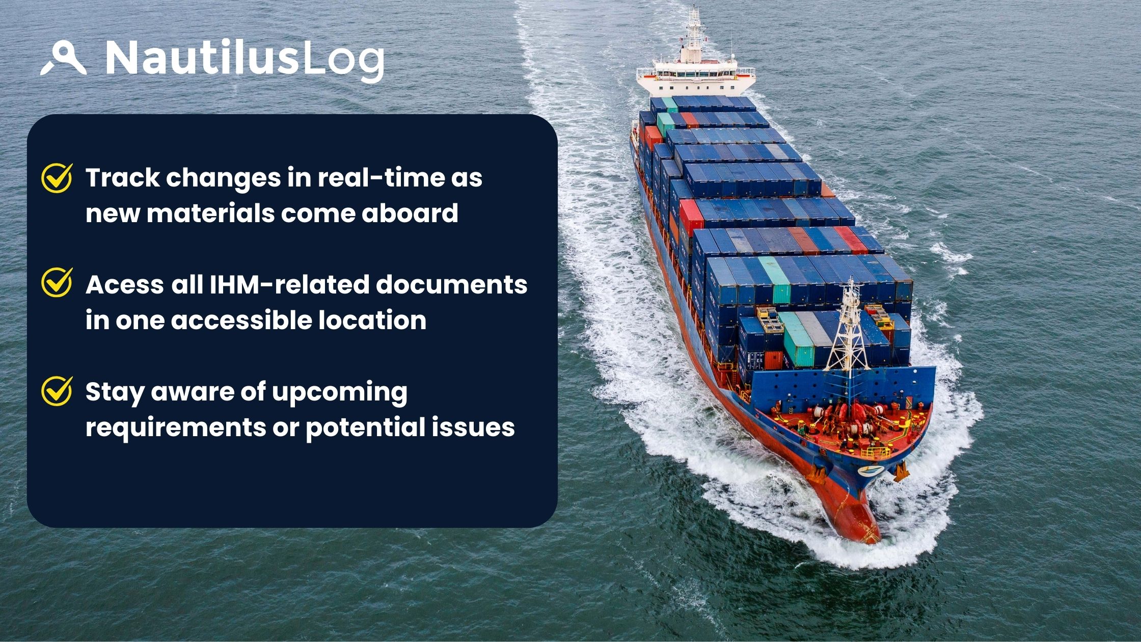 Container ship sailing on open water under cloudy sky, with two other vessels visible in the distance. The ship is loaded with multicolored shipping containers, showing typical maritime commercial operations.