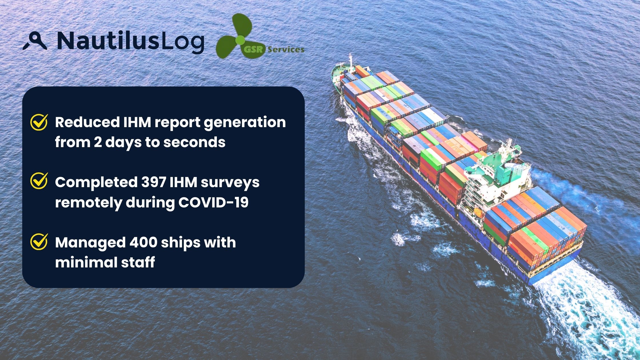 Container ship sailing on open water under cloudy sky, with two other vessels visible in the distance. The ship is loaded with multicolored shipping containers, showing typical maritime commercial operations.